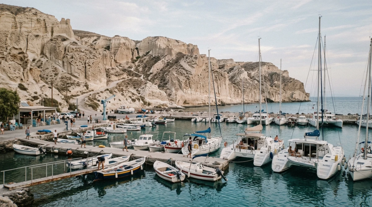 Licence-free motor boats moored at Vlychada Marina, the departure point for a Santorini boat rental on the south coast, Greece