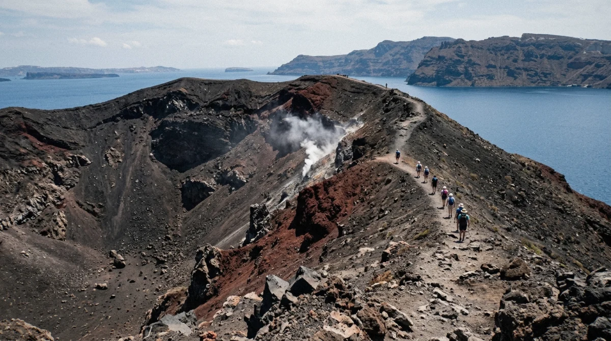 Hikers on the crater rim of the Nea Kameni volcano reached on a Santorini boat tour, Greece